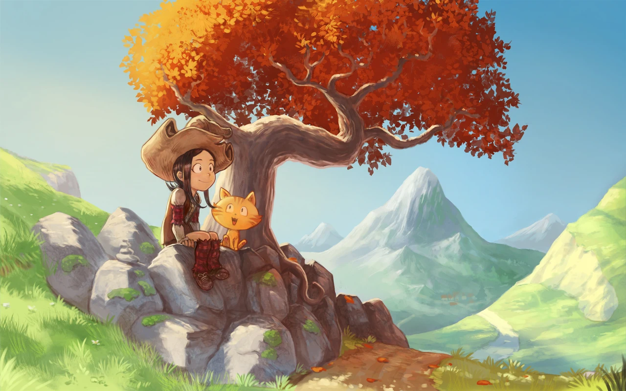 Pepper and Carrot beneath an autumn tree in a mountain landscape, from The rendezvous by David Revoy